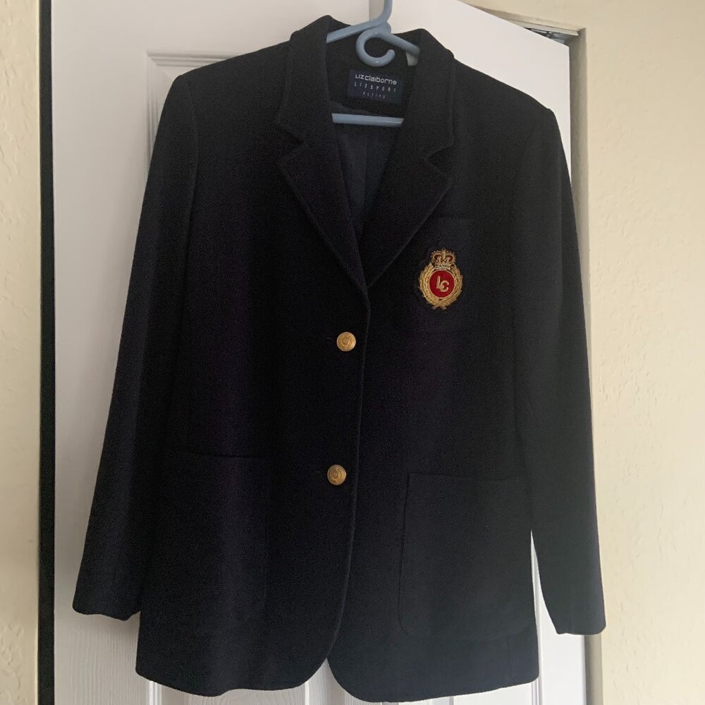 Liz Claiborne Vintage Navy Blazer Jacket Size M Petite Patch Career Crest Pocket